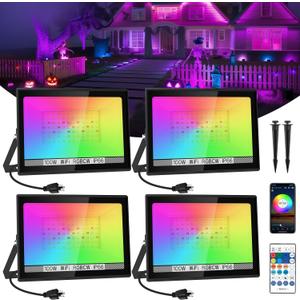 T-SUN RGB Flood Lights Outdoor, 1000W Equivalent Color Changing Landscape LED Light with APP & WiFi & Remote Control, Waterproof Floodlight with 16 Million Colors, Timing, Music Sync (100W-4Pack)