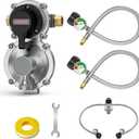 GasXpert 2 Tank-2-Stage Auto Changeover LP Propane Regulator Includes 18" Pigtail Propane Hoses with Gauge, Stainless Braided Hose QCC1 1/4" Inverted Male Flare, 3/8" NPT Female Outer for RV Trailer