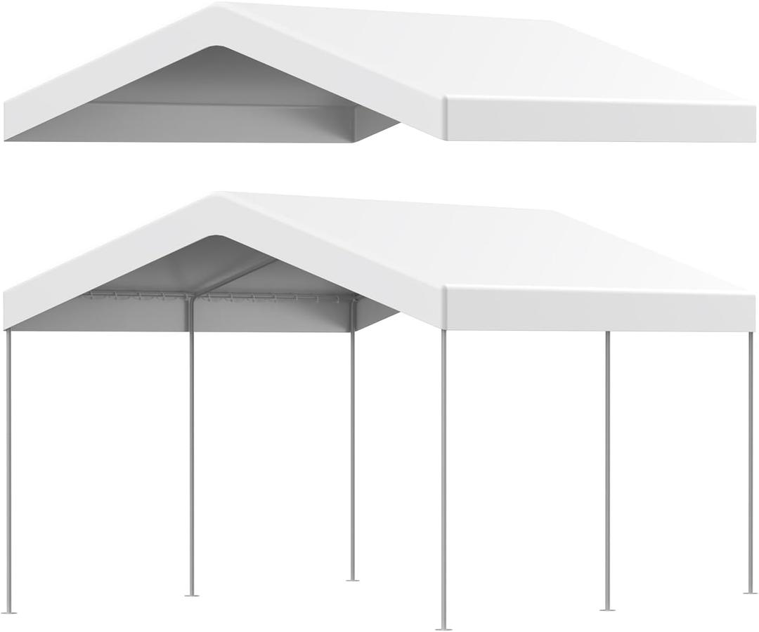 10 x 20 ft Canopy Replacement Cover for Carport, Heavy Duty Waterproof & UV Protected Garage Top Tent Shelter Tarp, Tear-Resistant Car Shed Tarpaulin Cover with Ball Bungees (Cover Only) White