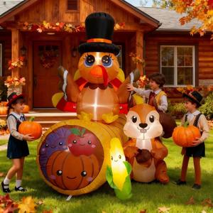 6FT Tall Thanksgiving Inflatables Turkey Decor with Squirrel Corn and Cornucopia, Build in LEDs Blow up Turkey Inflatable Outdoor Indoor Lawn Yard Thanksgiving Decorations - Autumn Holiday Harvest