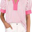 Tankaneo Womens Short Puff Sleeve Tops Summer Color Block Blouses Shirts (M)