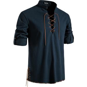 JEMITOP Men's Pure Cotton Retro Lace Up Shirts for Renaissance Pirate Medieval Viking (Medium, Navy Blue) JEMITOP Men's Pure Cotton Retro Lace Up Shirts for Renaissance Pirate Medieval Viking (Medium, Navy Blue)