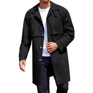Runcati Mens Trench Coat Single Breasted Slim Fit Mid Long Jackets Casual Fall Windbreaker Overcoat (X-Large, Black)