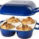 QuadPro Enamelled Cast Iron Bread Loaf Pot – Dutch Oven for Sourdough Bread Baking – 500°F Oven Safe Non Stick Bread Pot – 4 Round Loaf Spaces (4.90-inch Diameter), Dark Blue – by Nuovva