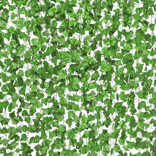 CQURE 144 Pack1008Ft Artificial Ivy Garland,Ivy Garland Fake Vines UV Resistant Green Leaves Fake Plants Hanging Vines for Home Kitchen Wedding Party Garden Wall Room Decor
