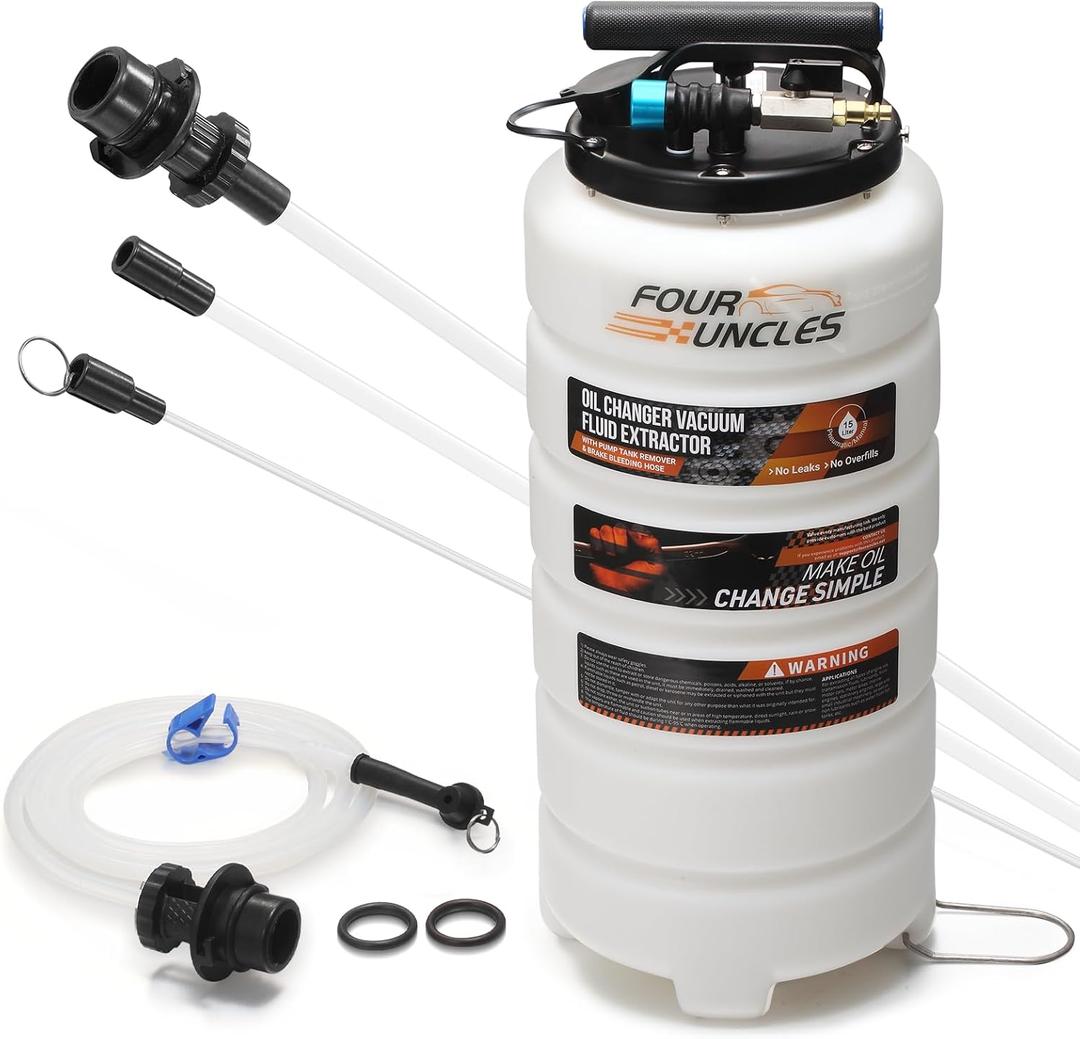 FOUR UNCLES 15L Fluid Extractor - Pneumatic/Manual Vacumm Oil Extractor with Pump Tank Remover & 3 Tubes for Engine Oil Change and a Bleeding Hose with Universal Adpater for Brake Bleeding