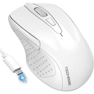 TechRise Bluetooth Mouse (BT5.0/3.0 & 2.4G) Rechargeable Wireless Mouse 2.4GHz with USB A Receiver, 4800 DPI Optical Tracking, 6 Adjustable DPI, Quiet Clicks, 6 Buttons, Wide Compatibility - White