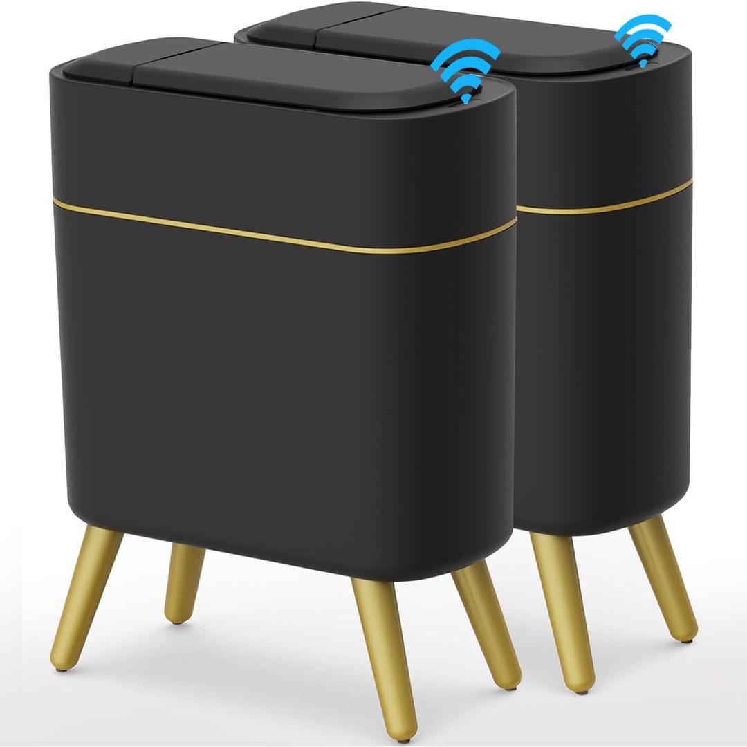 Yatmung 2 Pack - Automatic Bathroom Garbage Can with Lid 2.5 Gal Smart Bathroom Garbage Can Automatic Touchless - Bedroom, Office, Kitchen, Living Room - Motion Sensor Garbage Can - Black with Gold Legs