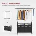 Tajsoon Laundry Sorter Cart with Hanging Clothes Rack, 4 Butler Sorter Basket Organizer, Laundry Hamper Cart with Heavy Duty Rolling Lockable Wheels, Black