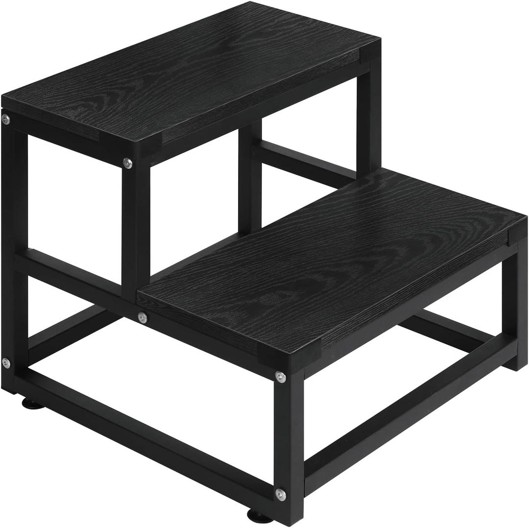LIANTRAL 2 Step Stool for Adults Kids, Heavy Duty Sturdy Steel Frame with Wooden Steps, Bedside Foot Stool with 500lbs Load Capacity, Non-Slip Step Stool for High Bed, Kitchen, RV Step - Black