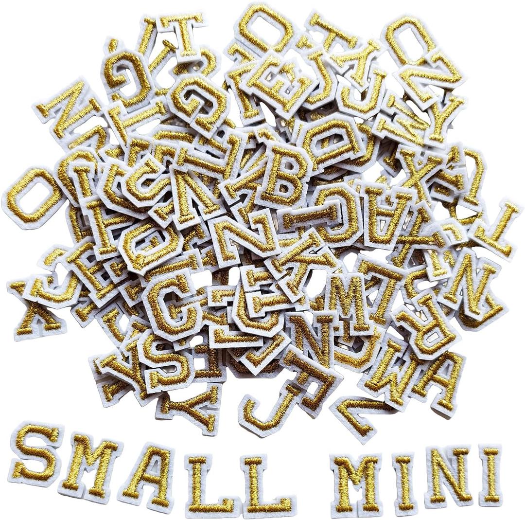 130pcs Iron on Letter Patches 0.7 inch, 5 Sets of 26 Embroidered Alphabet A-Z Patches for Clothing Jackets Hats Backpacks Jeans Gold