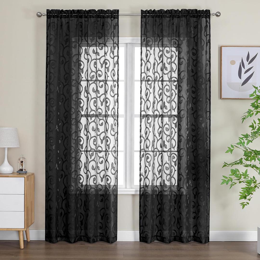 OWENIE Furman Sheer Black Curtains 90 inches Long for Bedroom Living Room 2 Panels Set, Light Filtering Soft Semi Sheer Jacquard Clip Farmhouse Curtains Rod Pocket Design, Each 52Wx90L inch