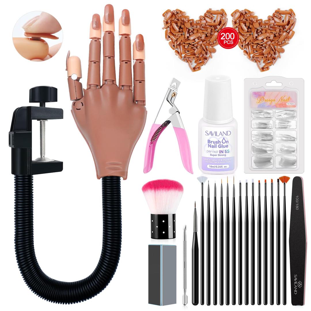 Saviland Practice Hand for Acrylic Nails, Flexible Moveable Fake Hands, Manicure Trainng Hand Nail Kit for Beginners, Movable Nail Maniquin Hand with 200PCS Nail Tips, Nail Glues, Brush and Clipper 