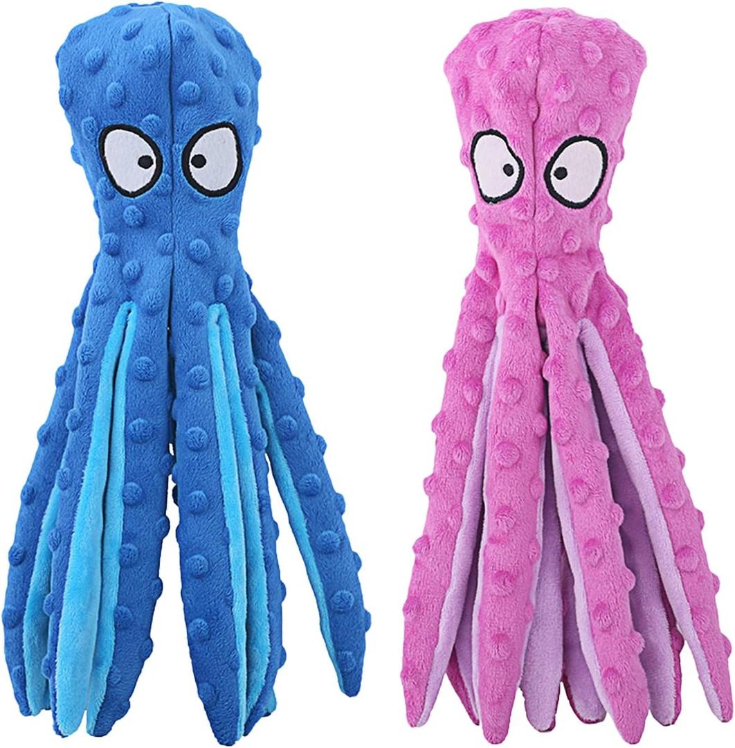 HGB Squeaky Dog Toys - Octopus No Stuffing Crinkle Plush Large Dog Toys to Keep Them Busy, Interactive Puppy Teething Chewing Pet Supplies for Chewer, Small, Medium, Large Breeds, 2 Pack (Octopus Purple & Blue)
