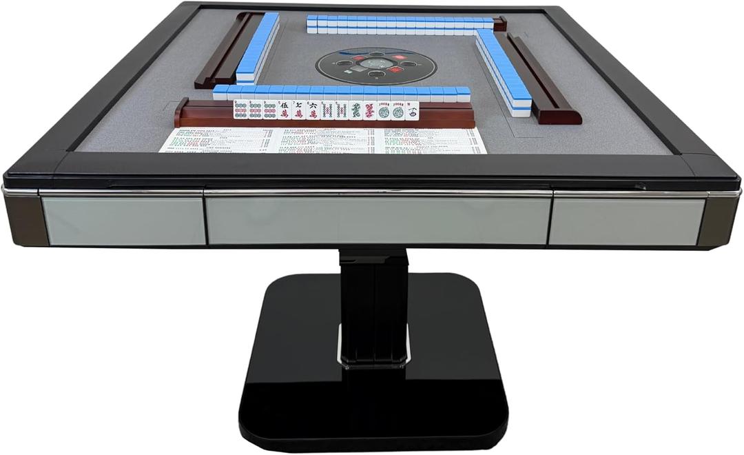 USA MJ Table Skyline Elite 30 Premium Automatic Mahjong Table American Mah Jong Edition 30mm Tiles, Black Glass Cover, Light Blue Glass Frame, Folding Design with Wooden Racks & Pushers