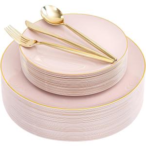 I00000 150 PCS Pink Plastic Plates for Party,Heavy Duty Pink Disposable Plates,Gold Dinnerware Set Include 30 Dinner Plates,30 Dessert Plates,30 Gold Plastic Silverware Set for Mother's Day