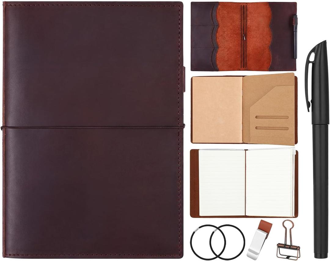 Eaasty Leather A5 Travelers Journal Notebook Cover with Inner Pockets, Card Slots and Pen Holder, Travelers Journal Inserts, PVC Folder, Binder Clip and Elastic Bands for Women Men (Brown)