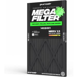 PuroAir MegaFilter - 14x24x1 Air Filter MERV 13 Activated CarbonTech Defense - Heavy Duty 3 Layer Furnace Filters Allergens, Pollen, Dust, Pet Dander, Smoke, Odors - HVAC Air Filter 14x24x1 (1-Pack)