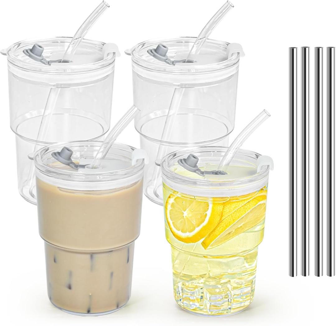15 oz Plastic Iced Coffee Cups with Lids and Straws Set of 4, Unbreakable Drinking Glasses Reusable Iced Coffee Glass to Go Cup for Matcha Tea Smoothie Juice Cup Dishwasher Safe (Clear-4 Pack)
