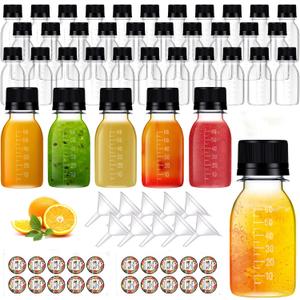 100 Pcs 2 oz Plastic Juice Shot Bottles with Caps Lids Ginger Shot Bottles | BPA FREE, FOOD GRADE MATERIAL, LEAK PROOF, REUSABLE, Clear, Scale and Labels, Portable, for outdoor camping or picnicking