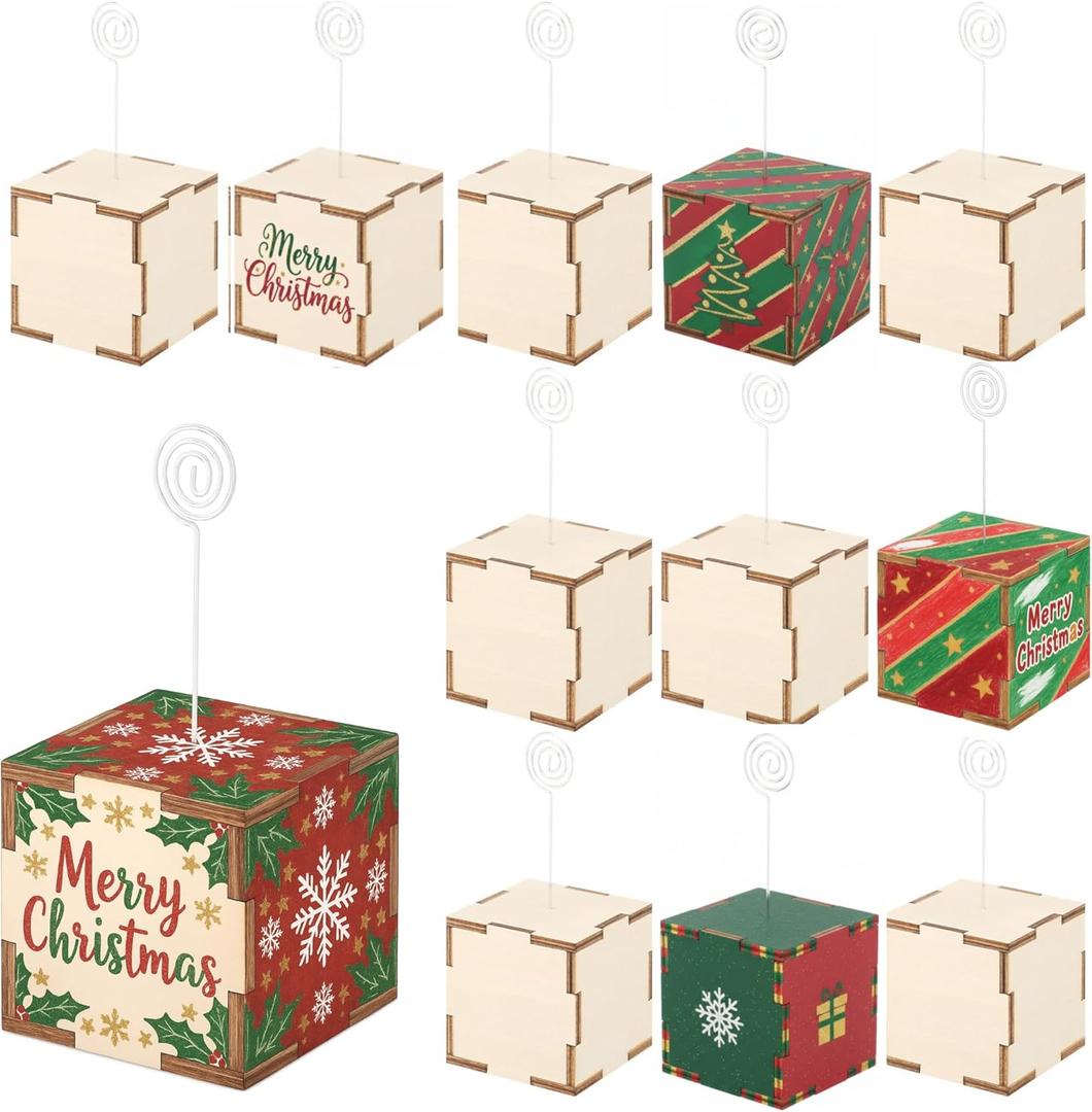 Geelin 12 Pcs DIY Wood Photo Blocks with Wire Holder for Christmas 3 Inch Unfinished DIY Card Holder Crafts Kits for Xmas Wedding Table Displaying Pictures Party Decoration Home Crafts Projects