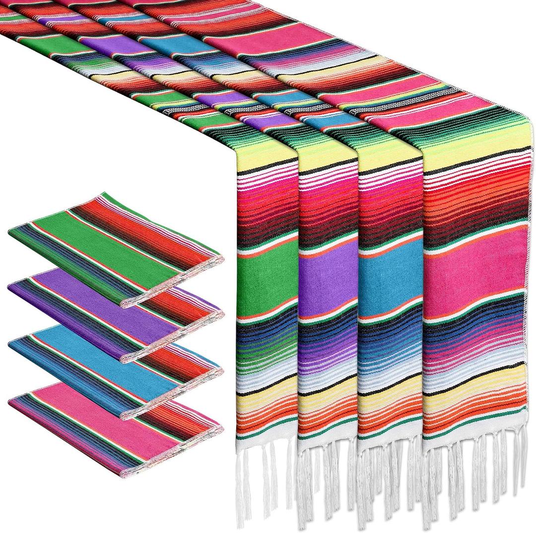4PCS Cinco De Mayo Party Decorations, 14 x 86 Inch Mexican Table Runner for Party, Colorful Fiesta Table Runner for Boho Mexican Decorations Dia De Los Muertos Decor Ofrenda