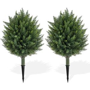 23.6'' Artificial Cedar Topiary Ball Tree with Ground Spike, Set of 2 Artificial Bushes UV Resistant Artificial Cypress Shurbs Fake Evergreen for Outdoor-Fake Bushes Home Front Porch Office Decor