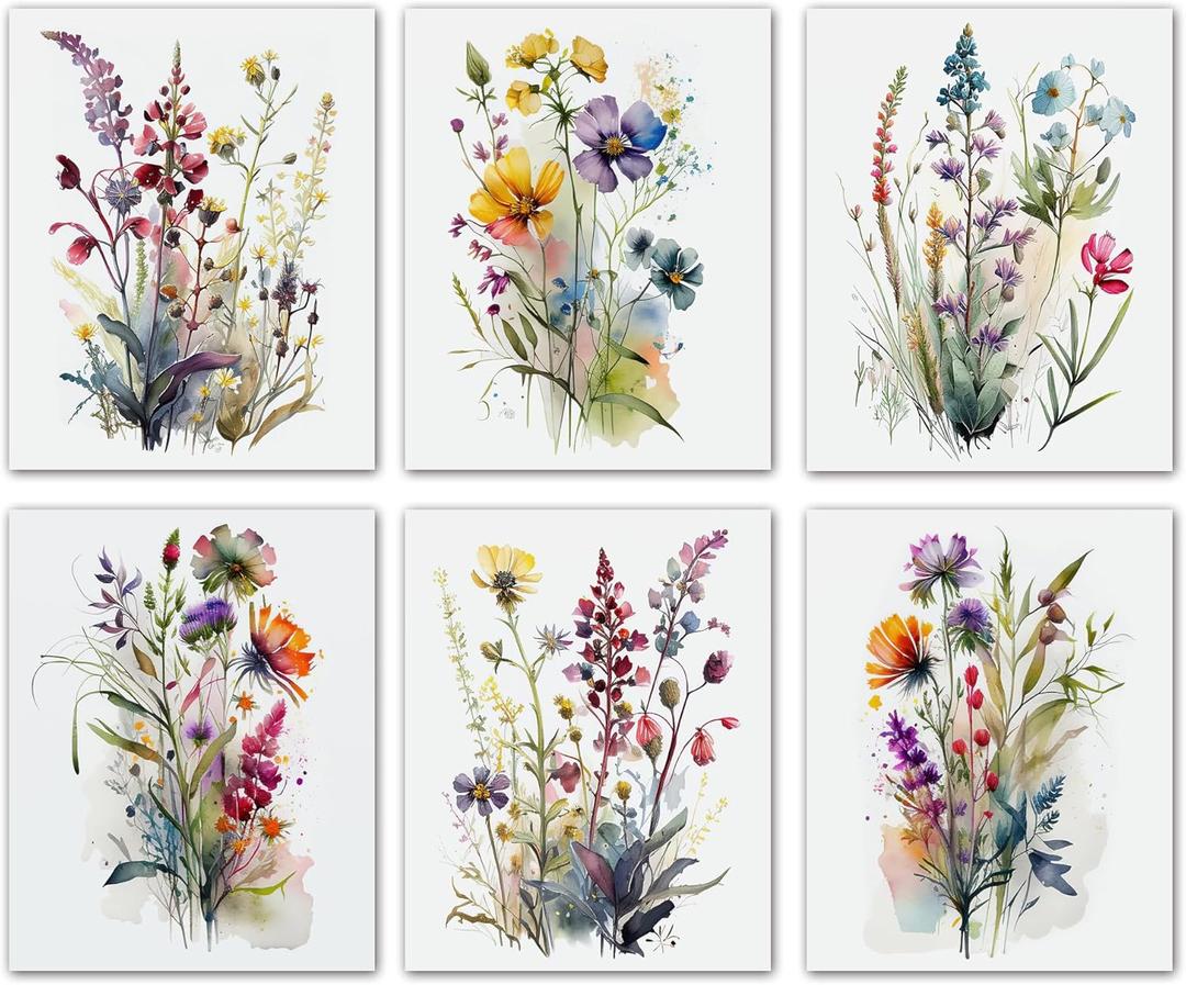 Colorful Wildflower Art,Watercolor Minimalist Wildflowers Art Print,Modern Botanical Plant Leaves Canvas Wall art,Blooming Flower Artwork for Garden Farmhouse Decor (Set of 6) - Unframed - 8X10 inch