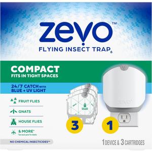 Zevo Compact Flying Insect Trap Kit with Refill Cartridges - Plug-in Indoor Bug Catcher for Gnats, House & Fruit Flies - Blue + UV Light Technology, No Odor, No Mess (1 Plug-in Device + 3 Cartridges)
