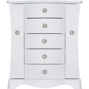 RR ROUND RICH DESIGN Jewelry Box - Made of Solid Wood with 4 Drawers Organizer and Built-in Necklace Carousel and Large Mirror White