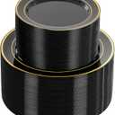 NOCCUR 200PCS Black and Gold Plastic Plates for 100 Guests  Include 100PCS 10" Dinner/ 100PCS 7" Dessert Disposable Plates Heavy Duty  Ideal for Party/Birthday/New Year