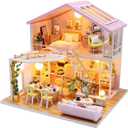 DIY Miniature House Kit, Tiny House Kit with Furniture & LED, DIY Wooden Dollhouse Miniature Kit for Adults Teen, Wooden Crafts Lovely Dollhouse Kit, Home Decor - Sweet Time