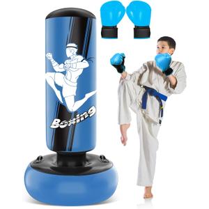 66 Inch Inflatable Kids Punching Bag with Boxing Gloves, Freestanding Boxing Bag, Stand Kids Punching Bag Toy, Bounce-Back Bag Gifts for Kids, Girls, Boxing Set for Practicing Karate, Taekwondo, MMA