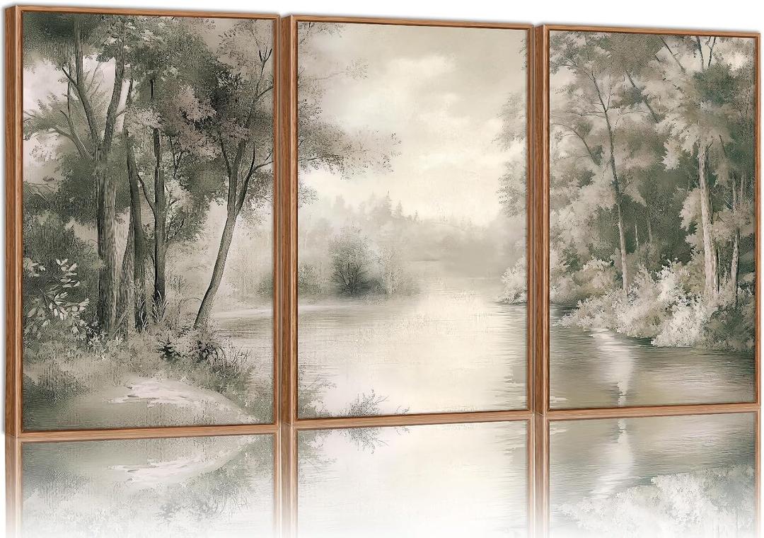 Yeehomedec Vintage Nature Landscape Framed Canvas Wall Art Set, Rustic Misty Forest Sketch Wall Decor, Neutral Wooden Trees Art Print, Retro Foggy Scenery Artwork for Living Room Bedroom Office 16"x24"x3