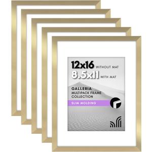 Americanflat 12x16 Picture Frame with Polished Plexiglass - Set of 5 - Use as 8.5x11 Frame with Mat or 12x16 Frame Without Mat - Galleria Collection - Gallery Wall Frame Set for Wall Display - Gold