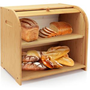 Thalomely Bread Box for Kitchen Countertop, Double Layer Bamboo Bread Storage Container for Homemade Bread, Roll Top Bread Box with 3 Adjustable Height for Kitchen Counter, Natural Breadbox Organizer
