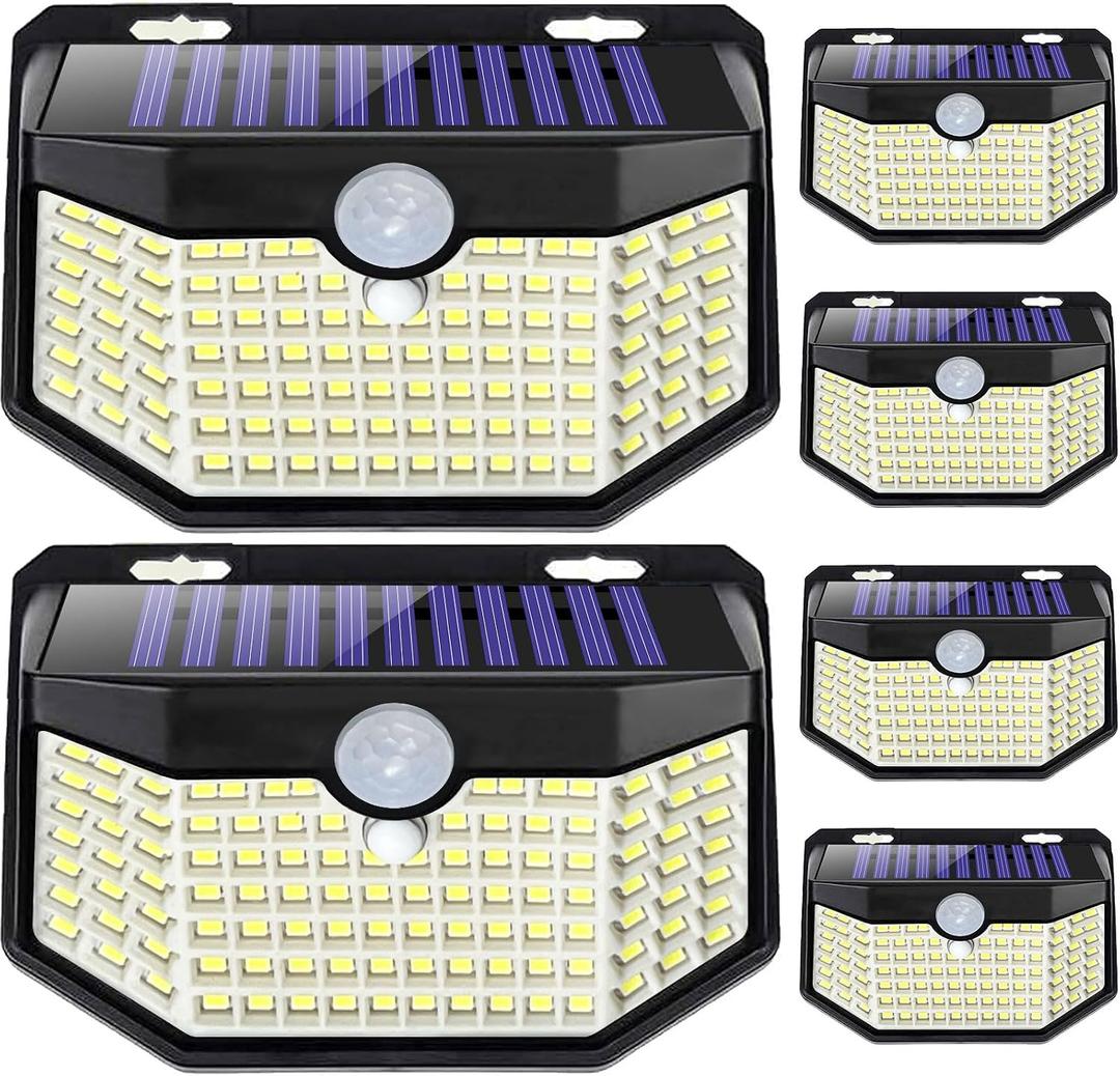 HMCITY 120 LED Outdoor Solar Lights with Motion Sensor and 3 Lighting Modes, IP65 Waterproof Wide Solar Wall Lights Ideal for Garden Patio Yard (Front Button 6Packs, Black Shell-Daylight White) (Black)