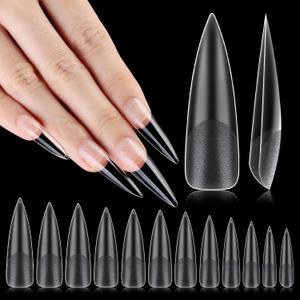 No C Curve XXL Stiletto Nail Tips, Half Matte Clear Half Cover, Stiletto Flat Tips for Acrylic Nails Art Design, Salons, Home DIY Nail Extension(12 Sizes 240PCS)