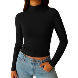 ForeFair Womens Turtleneck Mock Neck Long Sleeve Shirts Going Out Double Lined Crop Tops Slim Fitted Basic Tee (X-Small, Black)