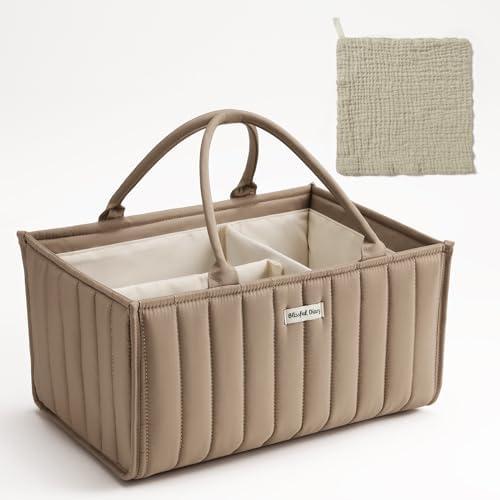 Blissful Diary Diaper Caddy Organizer, Gift for Baby Shower List, Newborn Essentials, Registry Must Have, Birthday - Stylish Basket With Burp Cloth - Mocha Brown