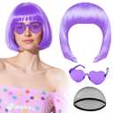 PLULON Light Purple Bob Wig with Heart Sunglasses Hair Cap, Colorful Short Bob Wigs Synthetic Party Wigs Funny Cosplay Hairpieces for Women Men Neon Bachelorette Halloween Costume Party Decorations