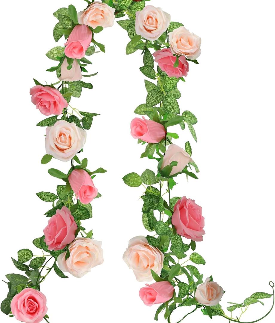 Greentime 2Pack Artificial Rose Flower Garland 6.5FT Fake Rose Vine for Wedding Arch Table Centerpiece Wall & Spring Decorations for Home Party Stairs Fireplace and Mirror Decor (Peach Deep Pink)