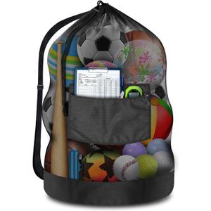 Heavy Duty Soccer Ball Net Bag(100L Extra Large Capacity 10-12Balls), 40" x *30", Drawstring Mesh Ball Bag with Zipper Pocket, Sports Equipment Storage Organizer for Gym, Beach, Cloth, Swimming Gears (Black-1pc-Thickened Upgrade)