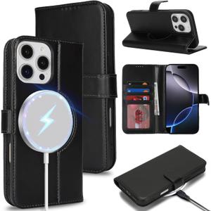 Zouzt for iPhone 16 Pro Max 6.9 Inch Genuine Leather Wallet Case with Card Holder, Compatible with MagSafe Magnetic Wireless Charging Flip Folio Cover Women Men for iPhone 16 Pro Max - Black