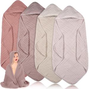 Peryiter 4 Pcs Muslin Hooded Baby Towels 32 x 32 Inch Cotton Newborn Bath Essentials Muslin Infant Blankets Absorbent Registry Gifts for Girl Boy Kids Baby Shower (Beige Series)