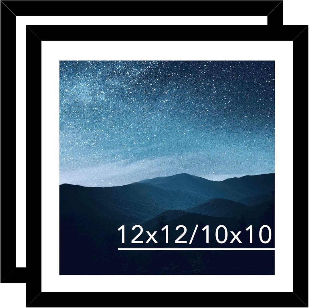 12x12 Picture Frame Set of 2 Black with 10x10 Mat for 30 x 30cm Diamond Art Painting, Display Photo 12 x 12 Without Mat, Wall Hanging Large Frame with Plexiglass, 2 Pack