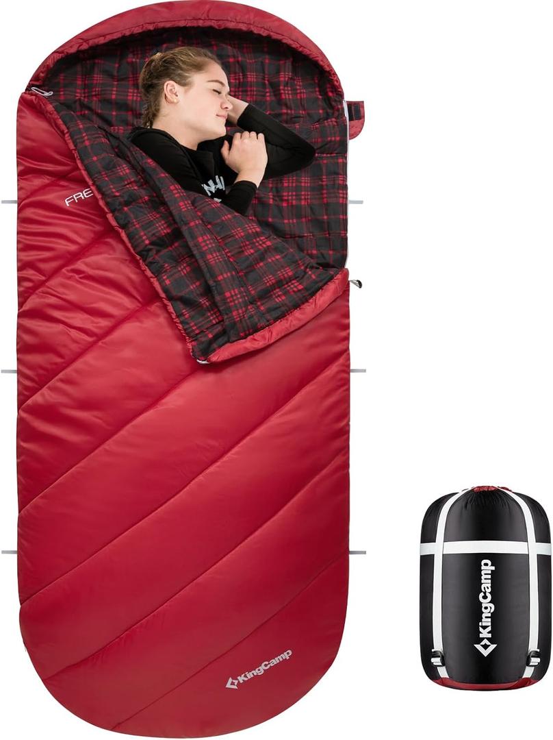 KingCamp Sleeping Bag for Adults, Cold Weather & Warm Extra Wide Big & Tall XL Portable Waterproof Flannel Sleeping Bags, Essentials Gear Accessories for Camping Backpacking Hiking Indoor & Outdoor (86.6" x 39.4", 34F Thermal Pod Wine)