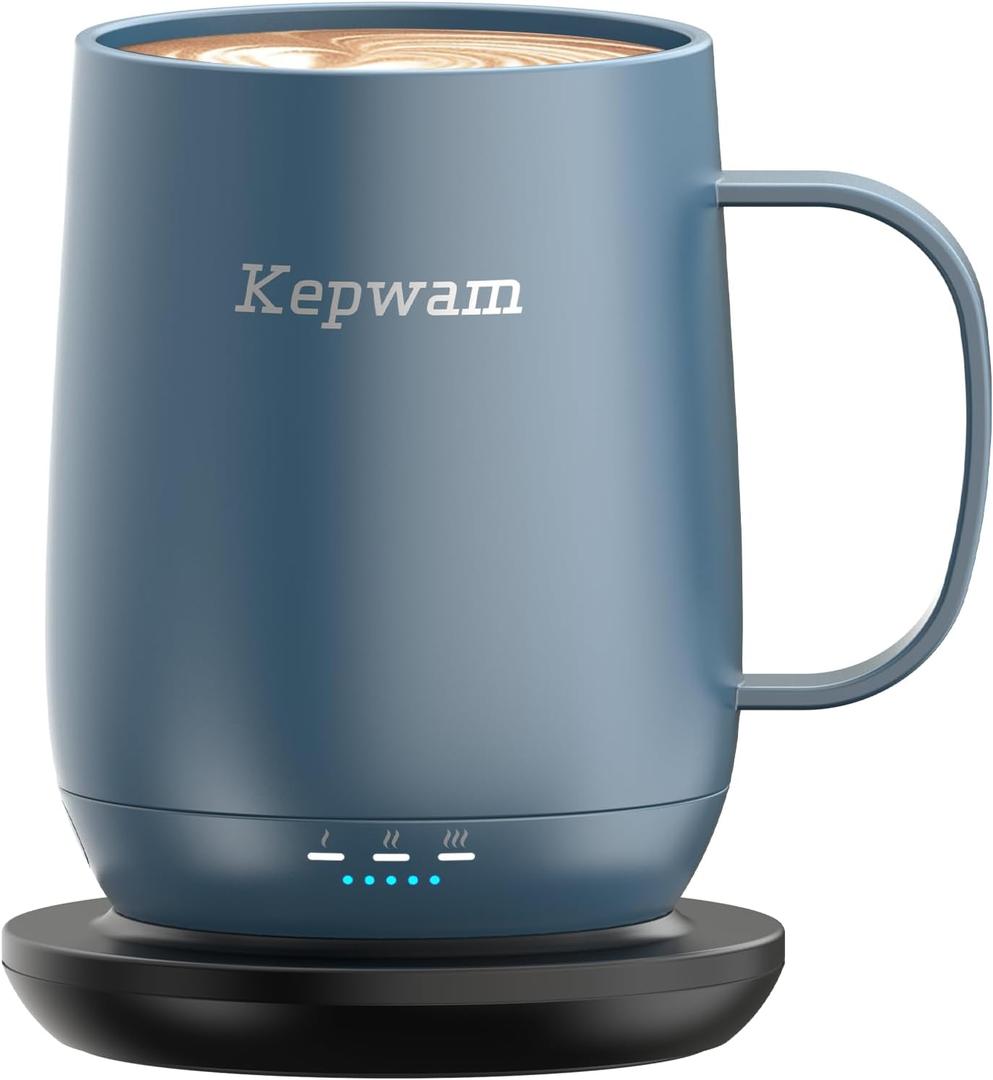 Kepwam Self Heating Coffee Mug T2, 16oz Smart Heated Coffee Mug, 150 Min Battery Life - Hot up to 149 Temperature Control Coffee Mug Warmer, Gifts for Dad Mom (No APP) (Steel Blue)