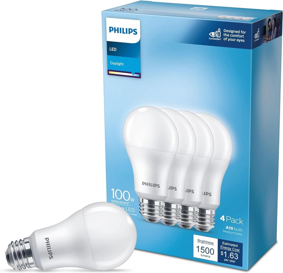 Philips LED Basic Frosted A19 Non-Dimmable, Eye Comfort Technology, 450 Lumen, Daylight(5000), 5.5W=40W, E26 Base, 4PK