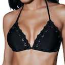 WDIRARA Women's Grommet Eyelet Halter Triangle String Bikini Tops Punk Tie Backless Swim Tops (Black, S)